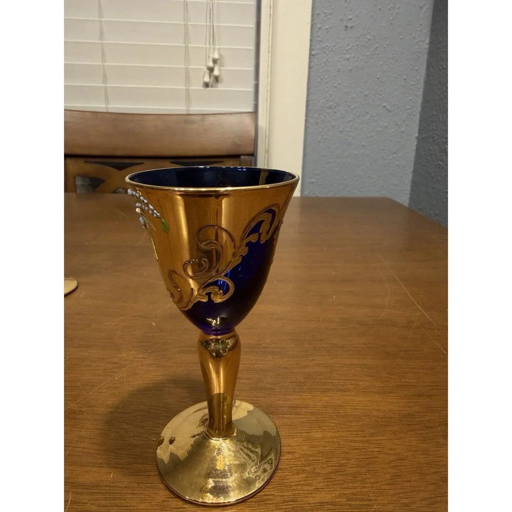 Lot Of 5 Vintage Handmade Murano Multi Color Gold Tre Fuochi Cordial Glasses